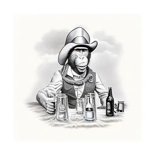 monkey in wild west drinking beer in saloon  tattoo design idea