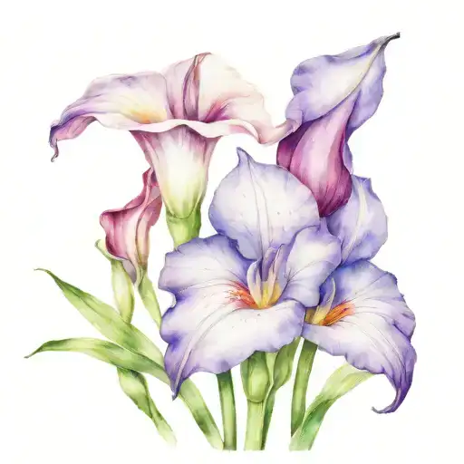 Cala lily, forget me not, purple iris flowers tattoo design idea