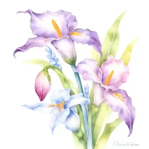 Cala lily, forget me not, purple iris flowers tattoo design idea