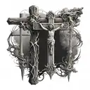 3 crosses with the middle one being bigger than the others and having a shining light from it and jesus christ on it  tattoo design idea