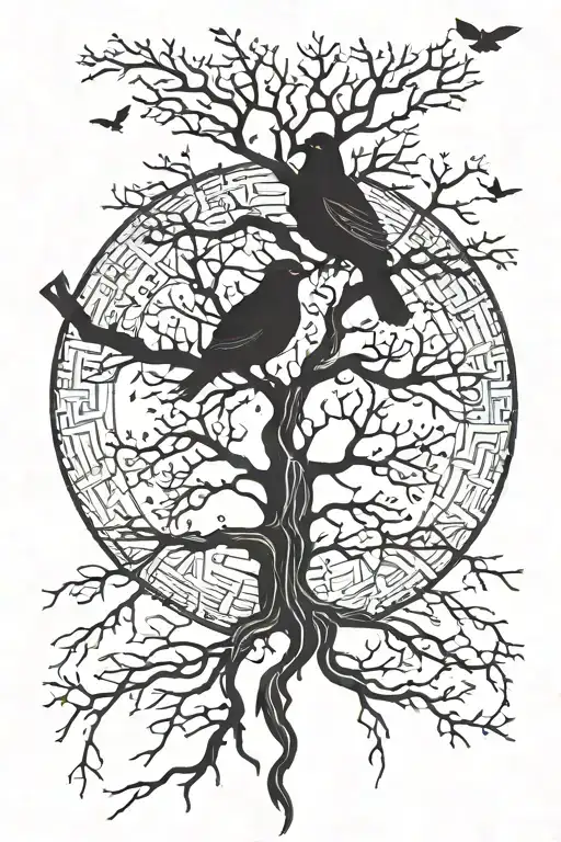 living tree with dead tree reflection Norse symbols dove raven tattoo design idea