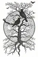 living tree with dead tree reflection Norse symbols dove raven tattoo design idea