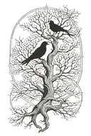living tree with dead tree reflection Norse symbols dove raven tattoo design idea