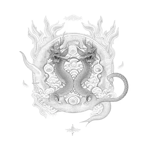 blacwork in negative with oriental tradi, two franes with japanese patters like waves or fans, a sun, dragón and spade tattoo design idea