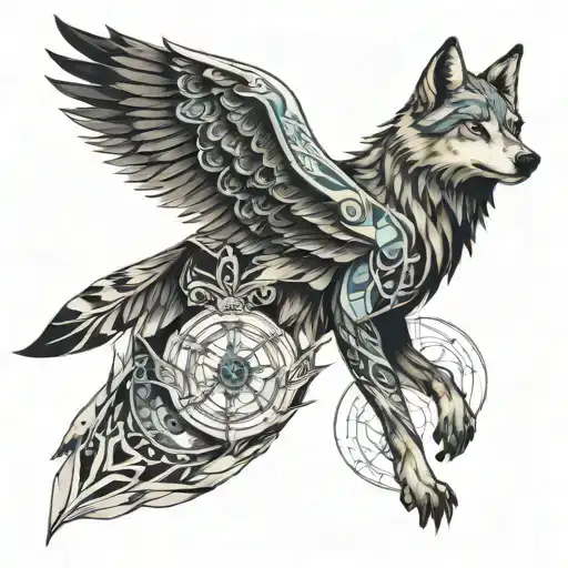 full sleeve multiple ttatoos to cover the whole sleeve. that tattoos are geometric contains wolf and eagle. tattoo design idea