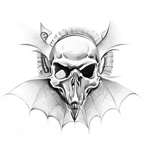 bats flying behind a skull with snake eaten  tattoo design idea