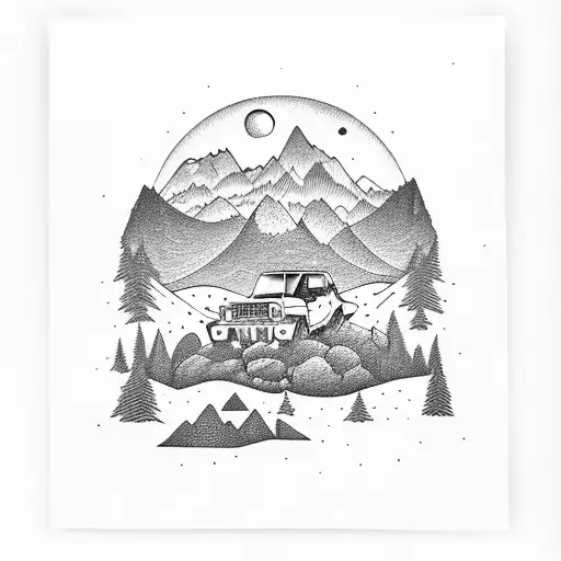 mountains and woods with a small jeep, bigfoot and a ufo in the background  tattoo design idea