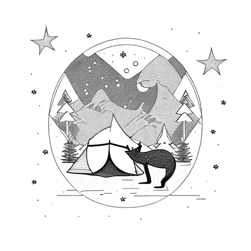 A serene camping scene under the starry night sky, with a kangaroo peacefully grazing nearby. tattoo design idea