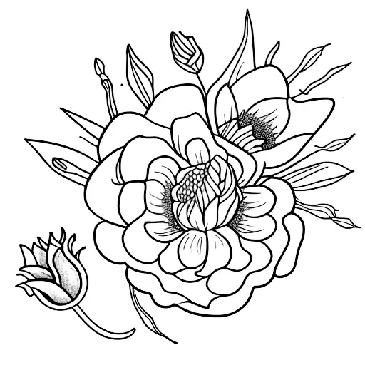 buque de violetas, narciso, lirio do vale, calendula e azevinho tattoo design idea
