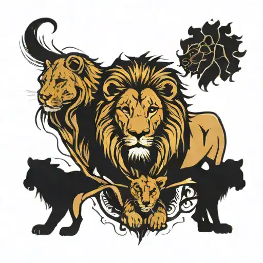  lion and lioness with 4 cubs below tattoo design idea