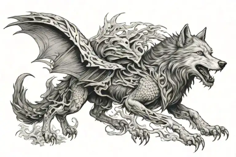 wolf dragon flying tattoo design idea