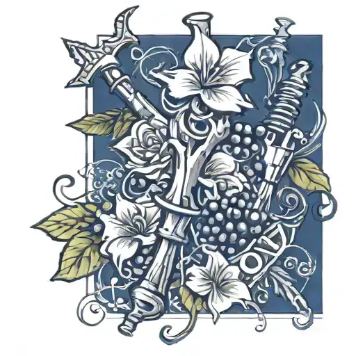 flower, wine, tomahawk, corkscrew  tattoo design idea