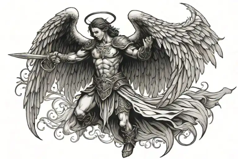warrior angel with wings outstretched tattoo design idea