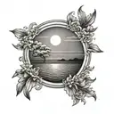 Greek sunrise over ocean but the sun is an olive tattoo design idea