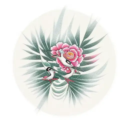 A traditional Japanese design featuring a crane between ferns and peonies tattoo design idea