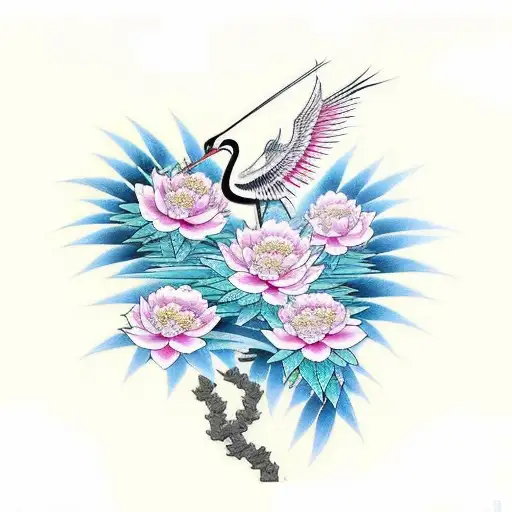 A traditional Japanese design featuring a crane between ferns and peonies tattoo design idea