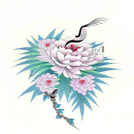 A traditional Japanese design featuring a crane between ferns and peonies tattoo design idea