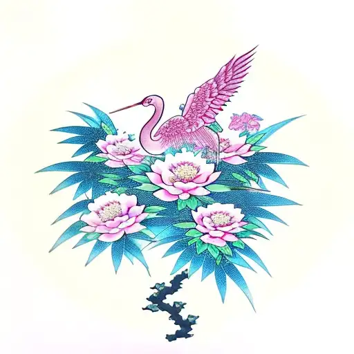 A traditional Japanese design featuring a crane between ferns and peonies tattoo design idea