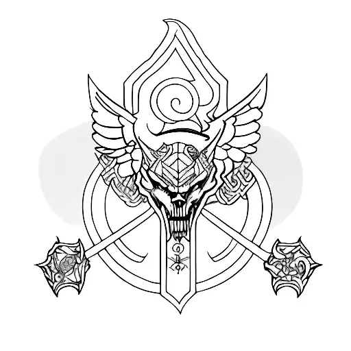 old mythic ornaments, saint george in the center, power symbols,big tattoo,many elements tattoo design idea