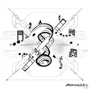 A minimalist tattoo design of a pixelated video game controller intertwined with musical notes, representing your love for gaming and music tattoo design idea