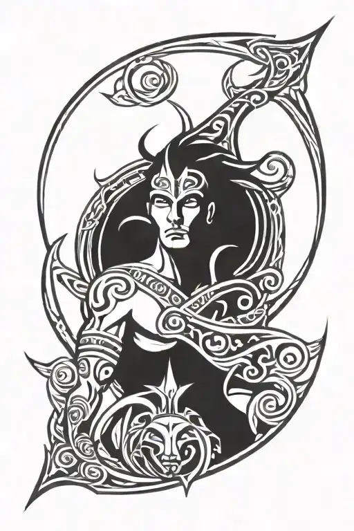 the game spirit farer plus the game hades logo intertwined tattoo design idea