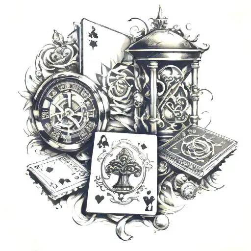 dice, hourglass, playing cards queens, jacks and kings. ball on the elbow and eye on the biceps tattoo design idea