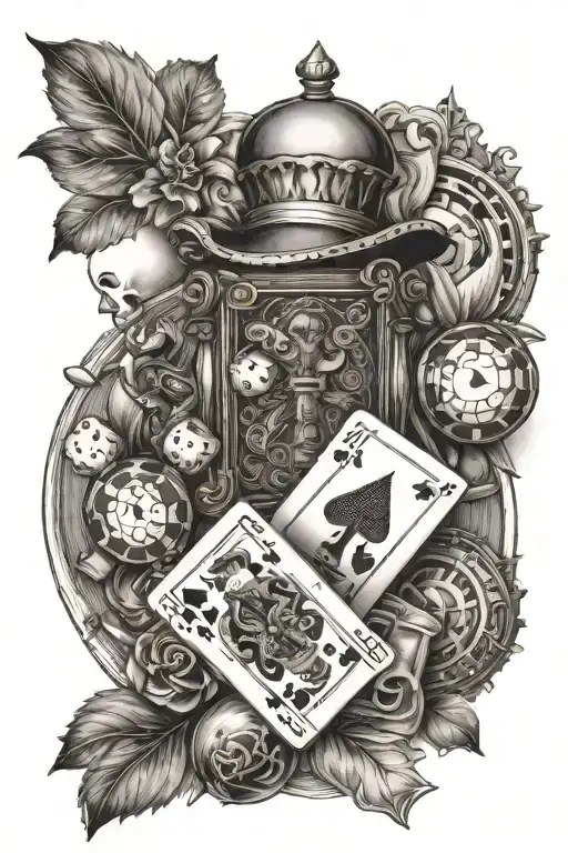 dice, hourglass, playing cards queens, jacks and kings. ball on the elbow and eye on the biceps tattoo design idea