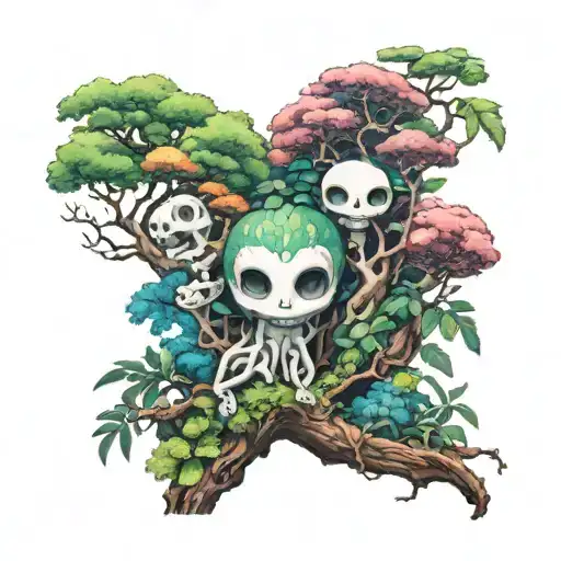 Kodama trippy colour forest sleeve   tattoo design idea