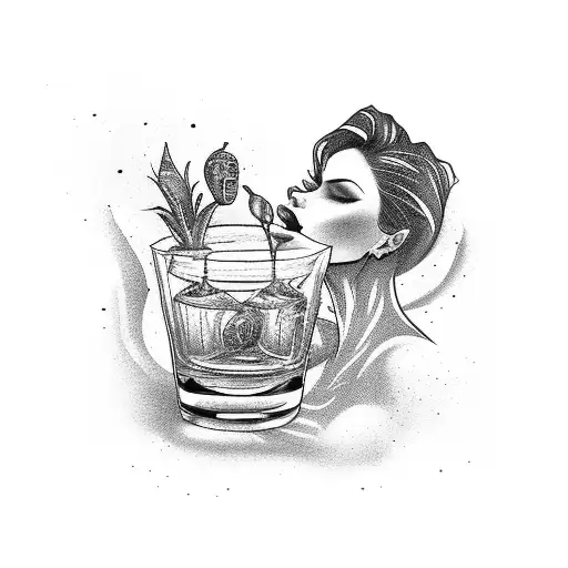 Woman enjoying a shot of tequila surrounded by agave plants tattoo design idea