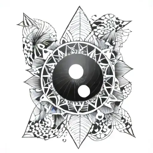 shell with sacred geometry, sun, yin and yang, rays tattoo design idea