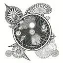 shell with sacred geometry, sun, yin and yang, rays tattoo design idea