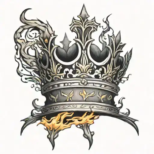 a single black crown with fire along the bottom and sides tattoo design idea