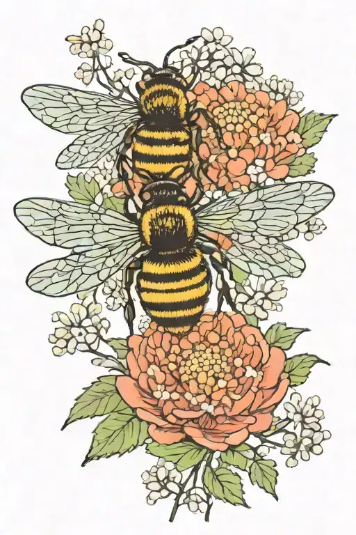 fine line queen annes lace and bee flying tattoo design idea
