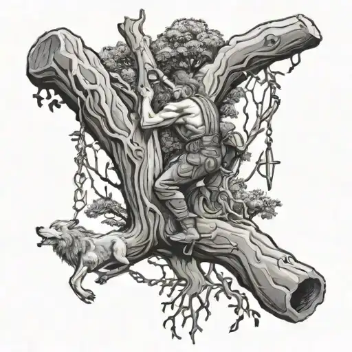 A black-grey tattoo of an arborist climbing a massive tree with Thor's hammer hanging from their belt, with wolves howling in the background tattoo design idea