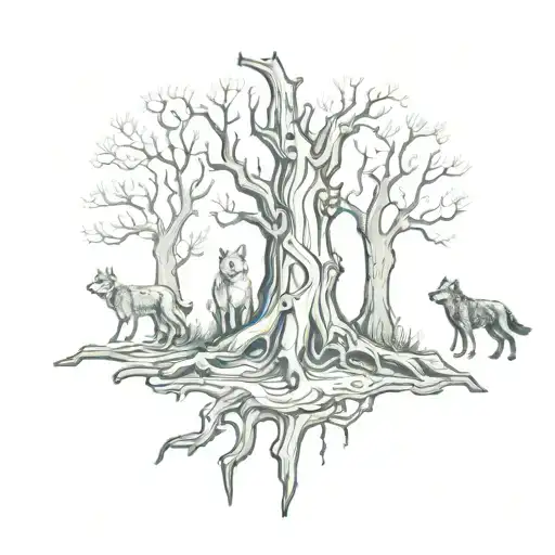 A sketch style tattoo of a mystical forest scene with Thor's hammer embedded in a tree trunk, surrounded by wolves representing the client's passion for Norse mythology and the outdoors tattoo design idea