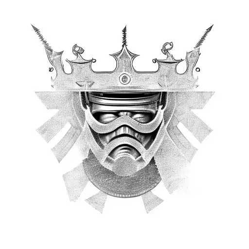 The emperor is sitting on the throne in solid armor, A closed helmet with a crown, face is hidden under the iron mask tattoo design idea