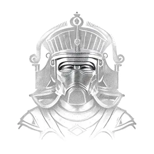 The emperor is sitting on the throne in solid armor, A closed helmet with a crown, face is hidden under the iron mask tattoo design idea