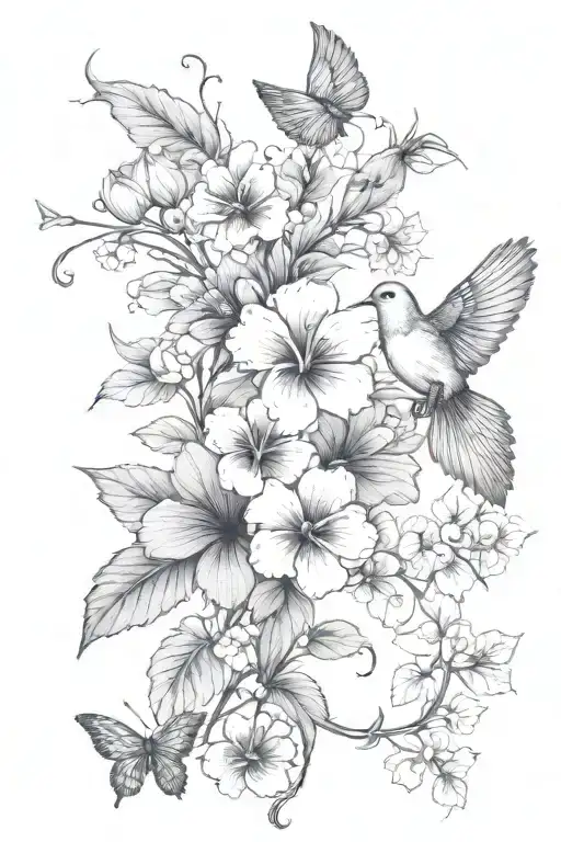 Single primrose and violet flower on a vine with a single dove at the bottom. Random small Butterflies throughout tattoo design idea