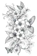 Single primrose and violet flower on a vine with a single dove at the bottom. Random small Butterflies throughout tattoo design idea