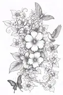 Single primrose and violet flower on a vine with a single dove at the bottom. Random small Butterflies throughout tattoo design idea