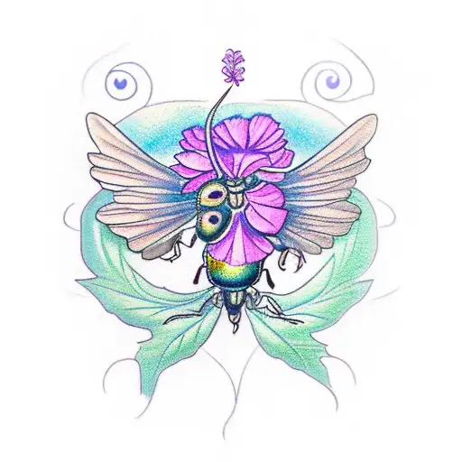 scarab beetle with open wings with carnations, morning glory, violets to left and right of beetle tattoo design idea