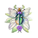 scarab beetle with open wings with carnations, morning glory, violets to left and right of beetle tattoo design idea