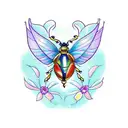 scarab beetle with open wings with carnations, morning glory, violets to left and right of beetle tattoo design idea