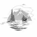A systems developer fishing in a lake infront of a big mountain tattoo design idea