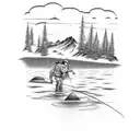 A systems developer fishing in a lake infront of a big mountain tattoo design idea