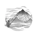 A systems developer fishing in a lake infront of a big mountain tattoo design idea