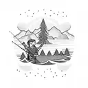 A systems developer fishing in a lake infront of a big mountain tattoo design idea