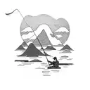 A systems developer fishing in a lake infront of a big mountain tattoo design idea