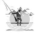 A systems developer fishing in a lake infront of a big mountain tattoo design idea