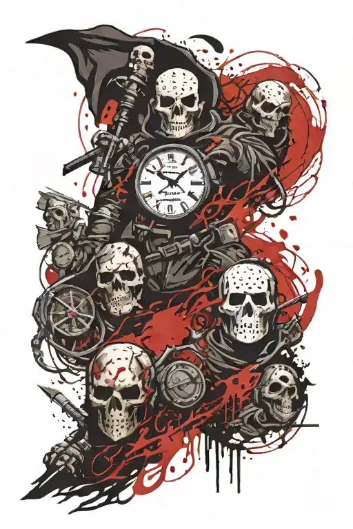 jason voorhees and the grim reaper with clocks and skulls tattoo design idea